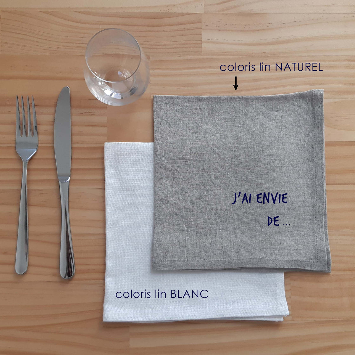 serviette "j'ai envie de" table lin decoration éthique made in France sérigraphie j'ai envie environnement renaissance creation